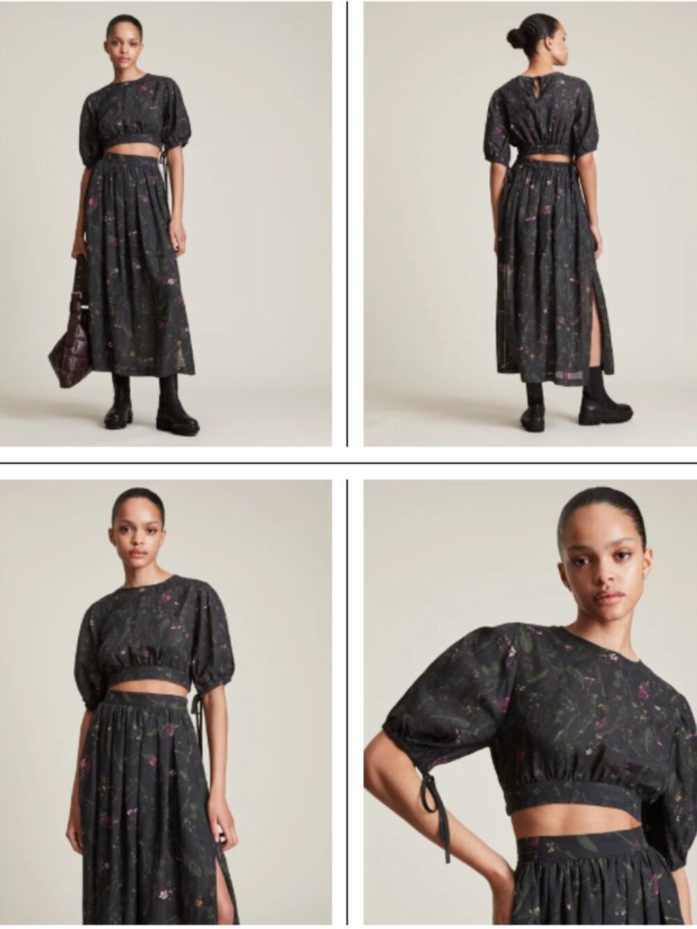 AllSaints Asta Heligan Floral Puff Sleeve Crop Top - Black Size 6